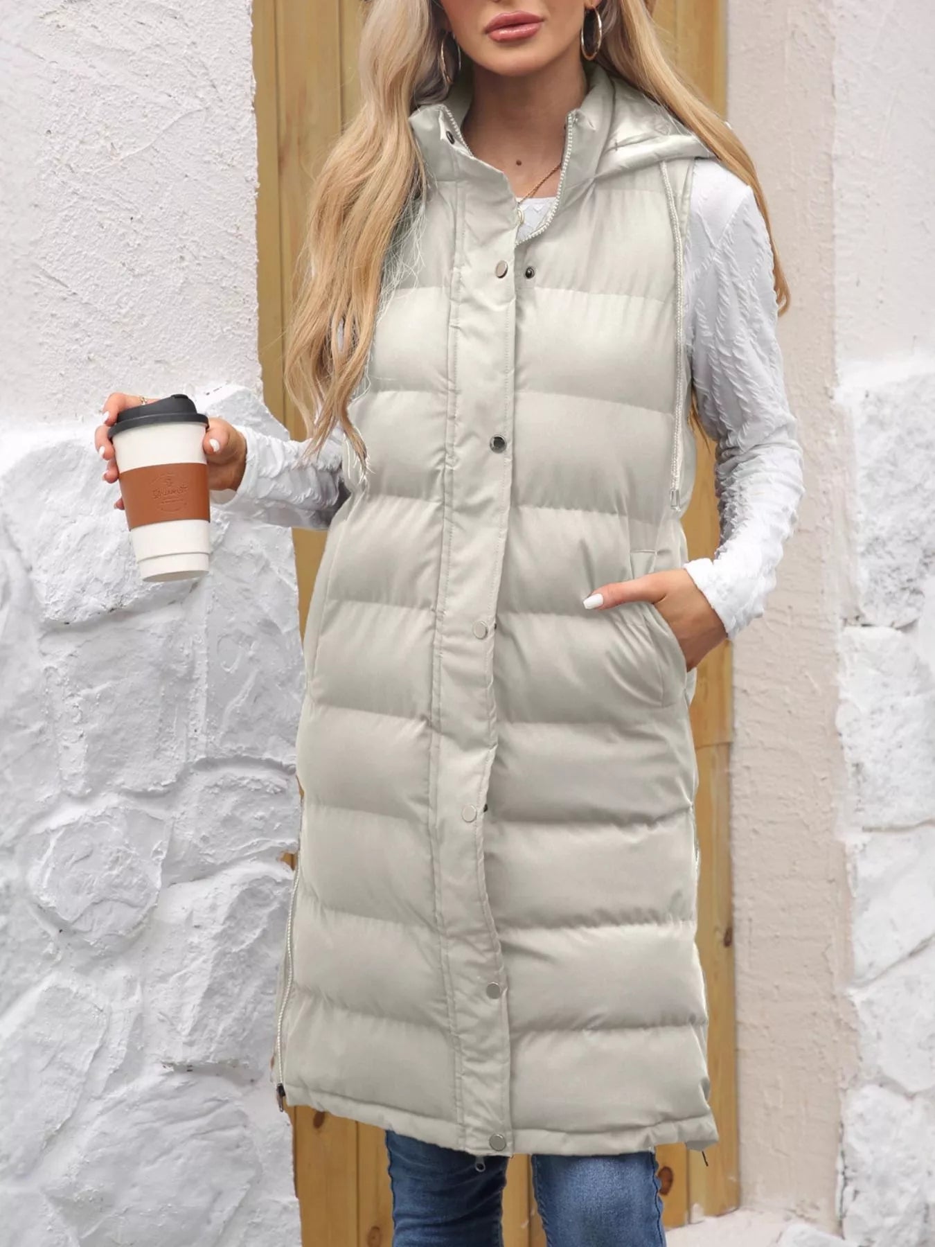 Sarah Express Women's Snap Down Hooded Padded Longline Vest Coat Ivory
