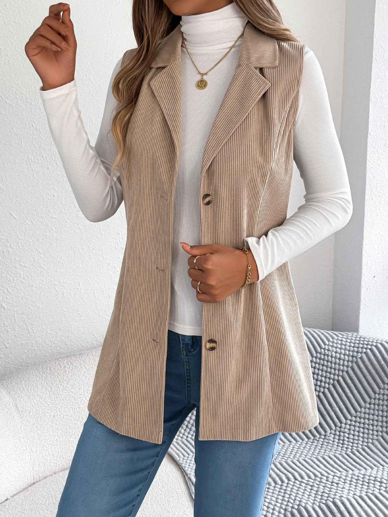 Sarah Express Women's Single-Breasted Corduroy Vest Jacket Blazer