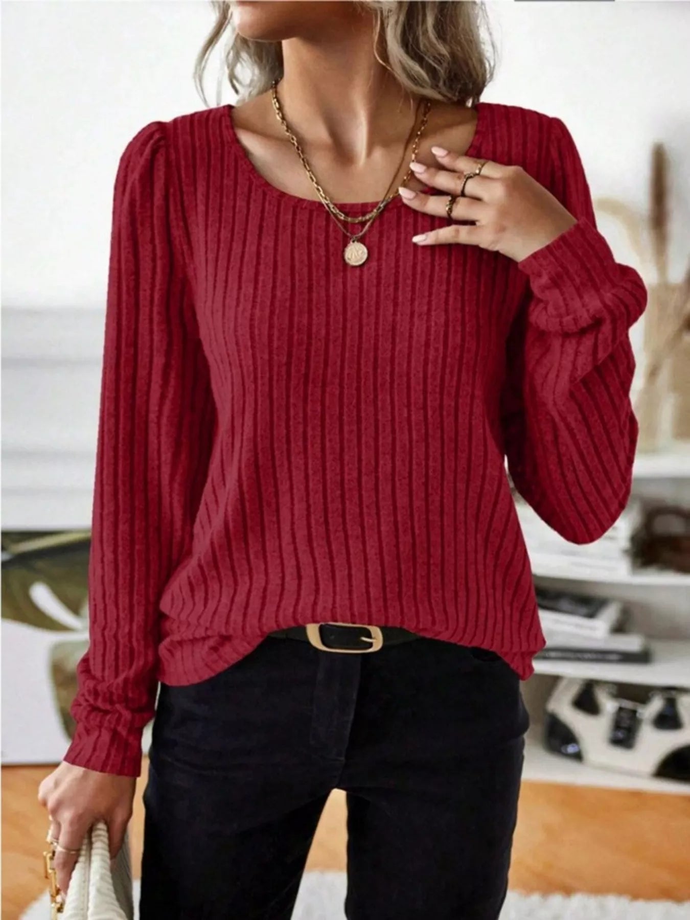 Sarah Express Women's Ribbed Knit Long Sleeve T-Shirt Red