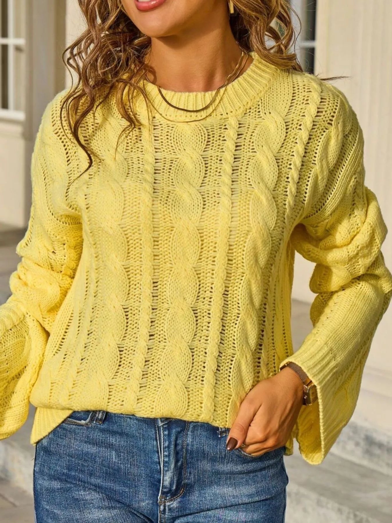 Sarah Express Women's Cable Knit Sweater - Long Sleeve Openwork Pullover