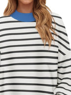 Sarah Express Women's Striped Round Neck Long Sleeve Sweater - Oversized Fit