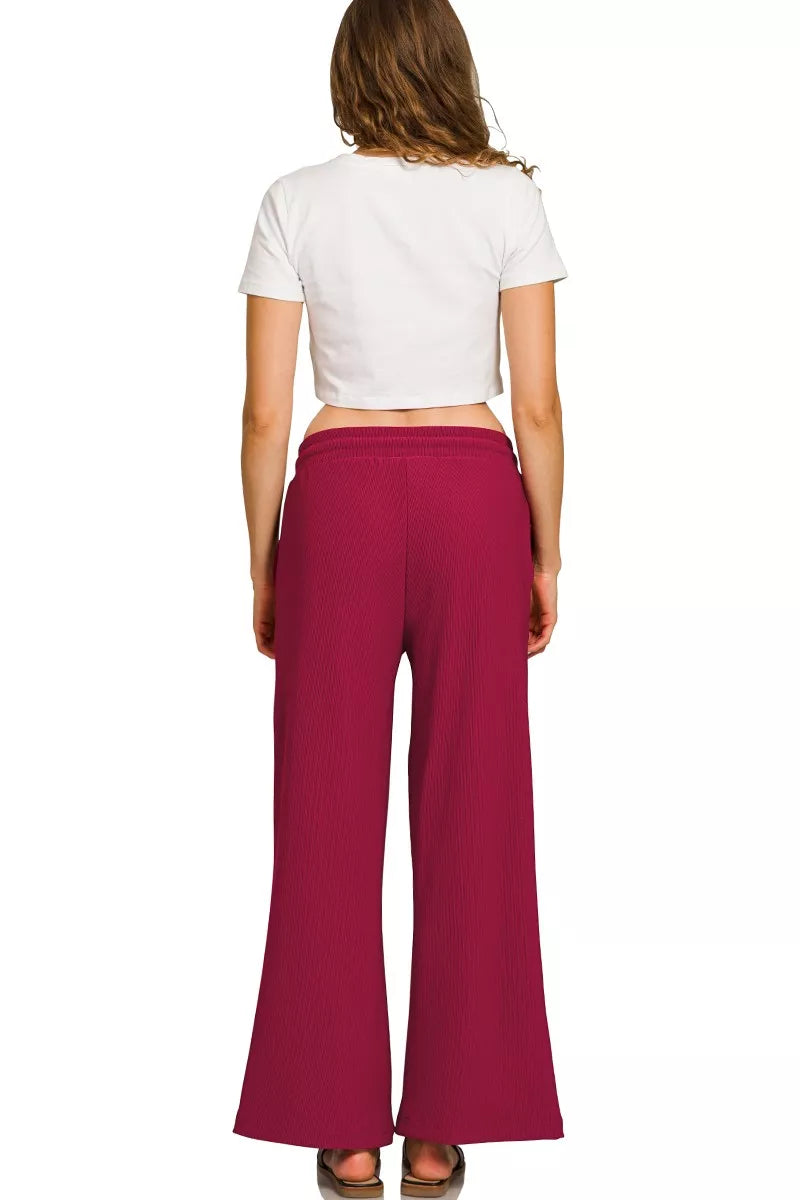 Sarah Express women’s ribbed two-piece lounge set with a round neck pullover top and matching drawstring pants.