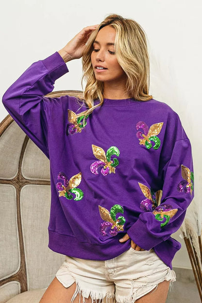 Sarah Express Women's Fleur De Lis Sequin Patches Mardi Gras Sweatshirt