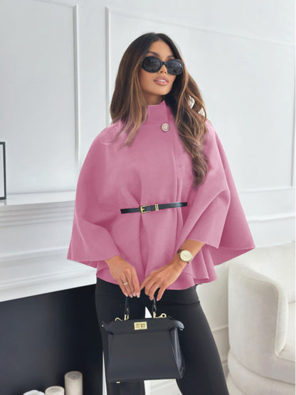 Sarah Express Women's Stand Collar Batwing Sleeve Cloak Top with Belt - Temperament Woolen Jacket Sweater Pink