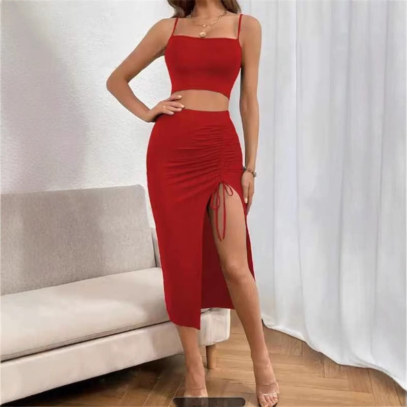 Sarah Express Women's Sleeveless Slim Fit Two Piece Dress Set with Split Skirt