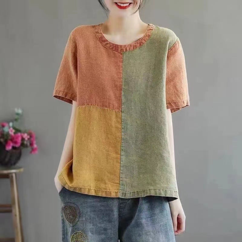 Sarah Express Women's Cotton Contrast Collar T-Shirt Loose Fit Short Sleeve Japanese Casual Style