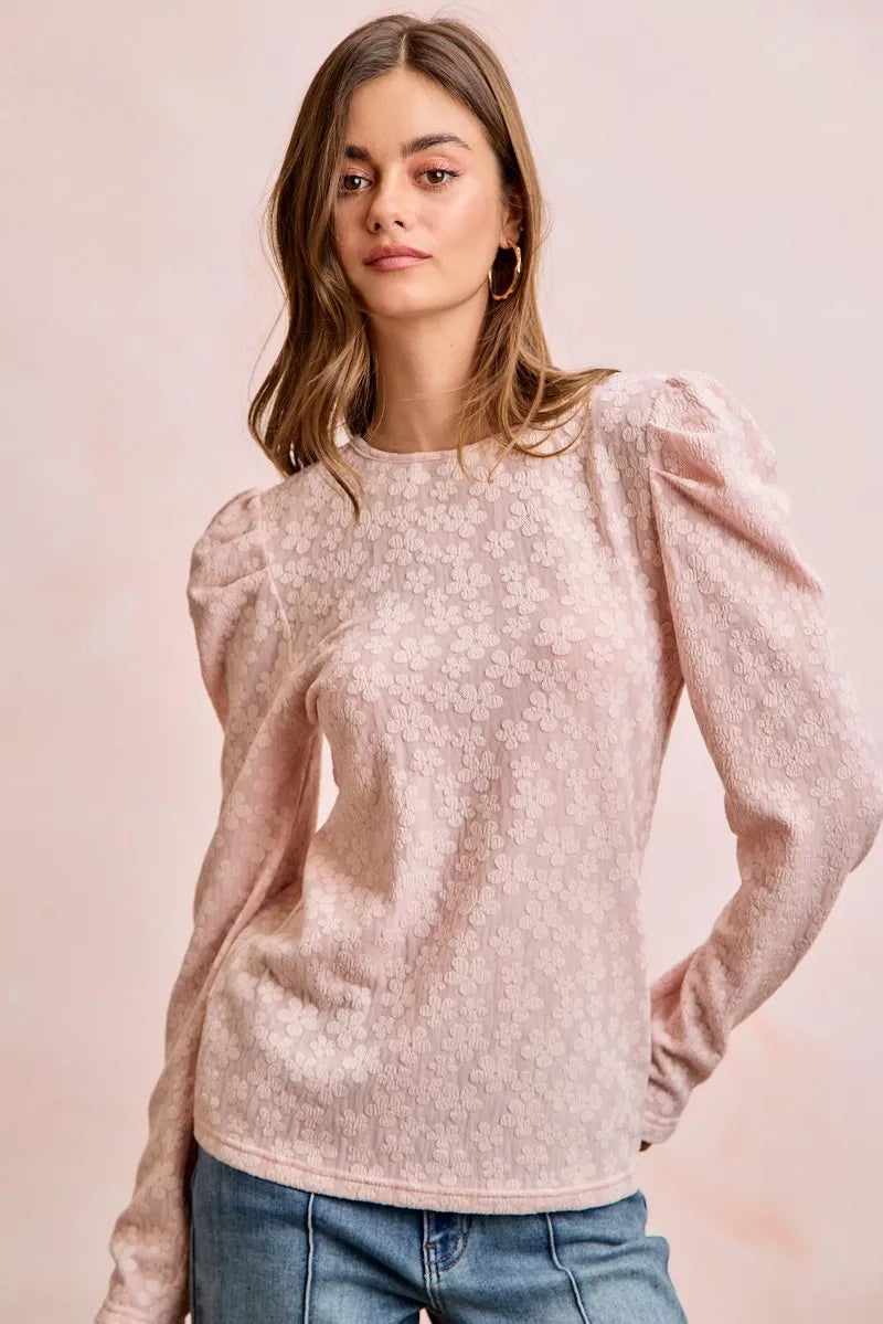 Sarah Express Women's Textured Flower Knit Puff Shoulder Top - Elegant Feminine Blouse BLUSH