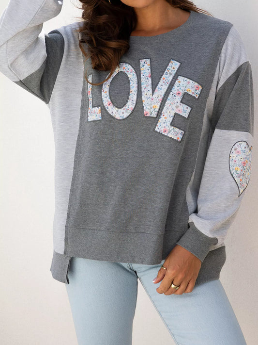 Sarah Express Women's LOVE Graphic Exposed Seam Patchwork Uneven Hem Chic Sweatshirt Dark Gray