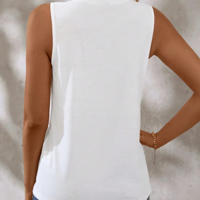 Sarah Express Round Neck Pleated Tank Top Sleeveless Loose Fit Button Detail