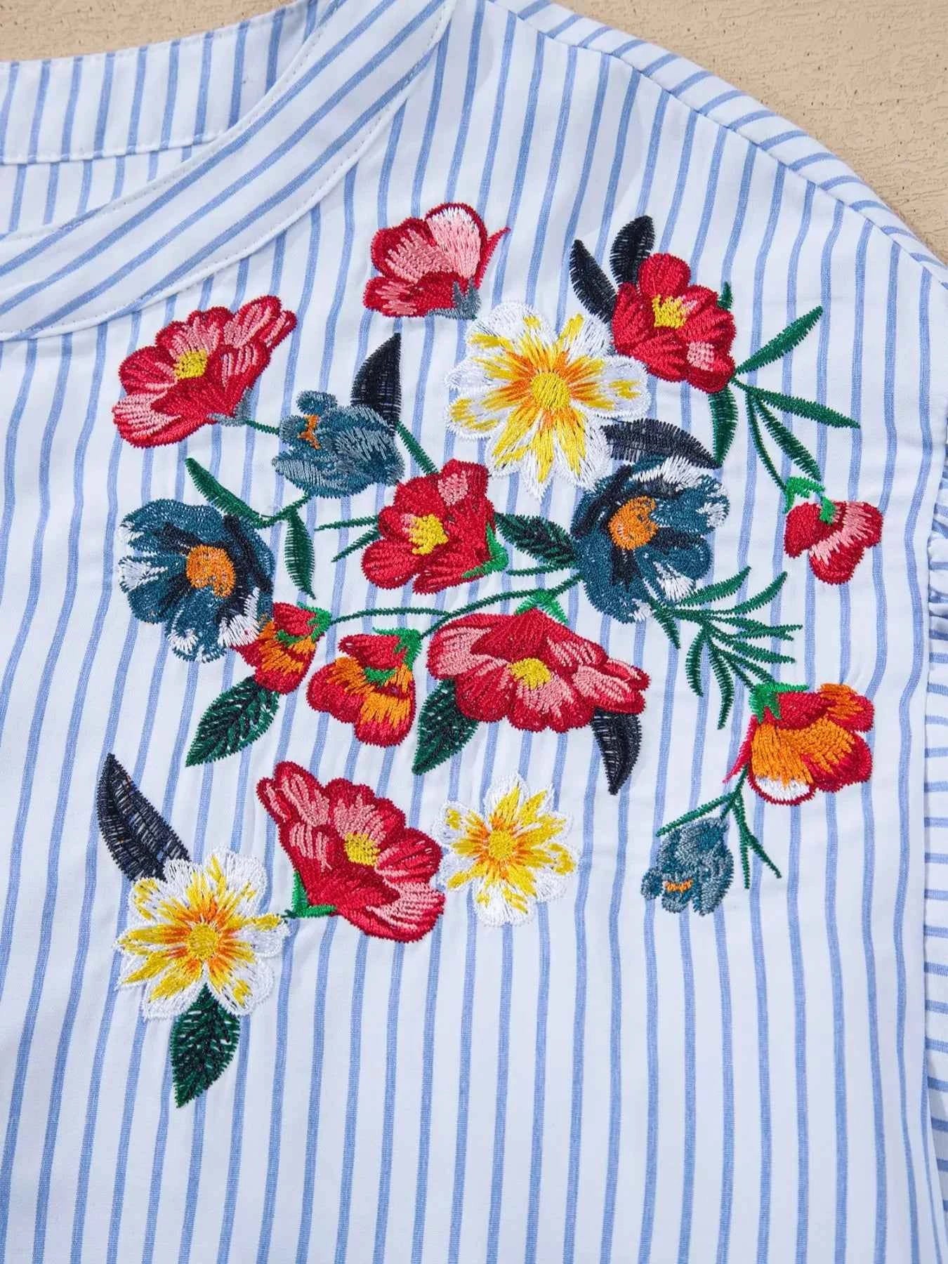 Sarah Express Women's Stripe Floral Embroidered Tunic Blouse - Billowy Sleeve Baggy Shirt