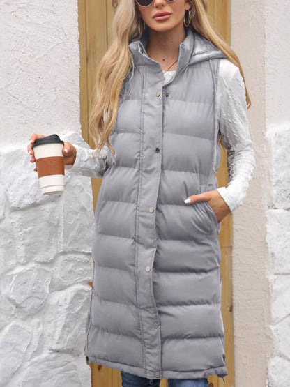 Sarah Express Women's Snap Down Hooded Padded Longline Vest Coat Light Gray