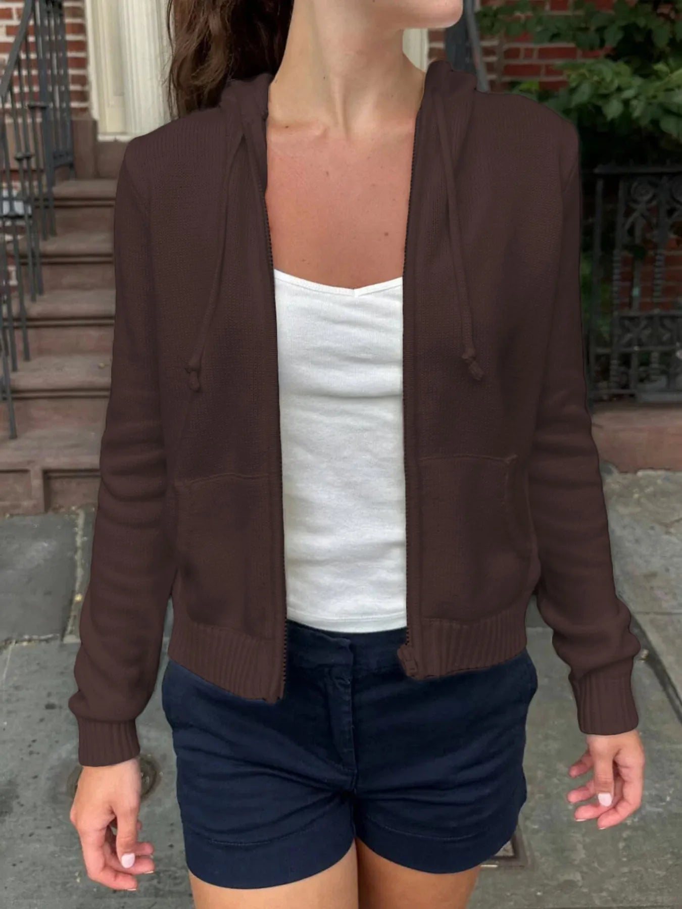 Sarah Express Women's Drawstring Zip Up Long Sleeve Cardigan Coffee Brown