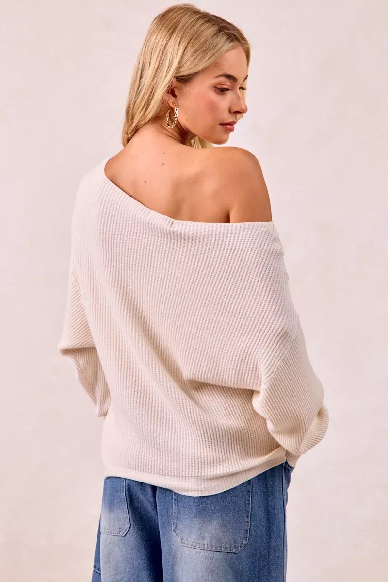 Sarah Express Women's Waffle Knit Off Shoulder Top - Ribbed Stretch Long Sleeve