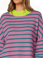 Sarah Express Women's Striped Round Neck Long Sleeve Sweater - Oversized Fit