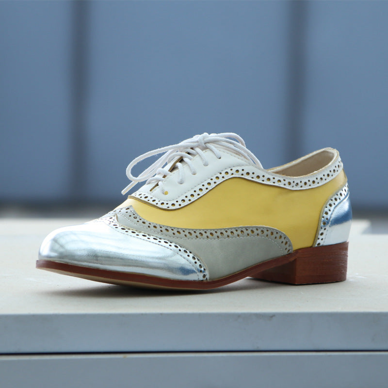 Sarah Express Women's Yellow Lace-Up Block Heel Pumps - Round Toe Low Heel Dress Shoes