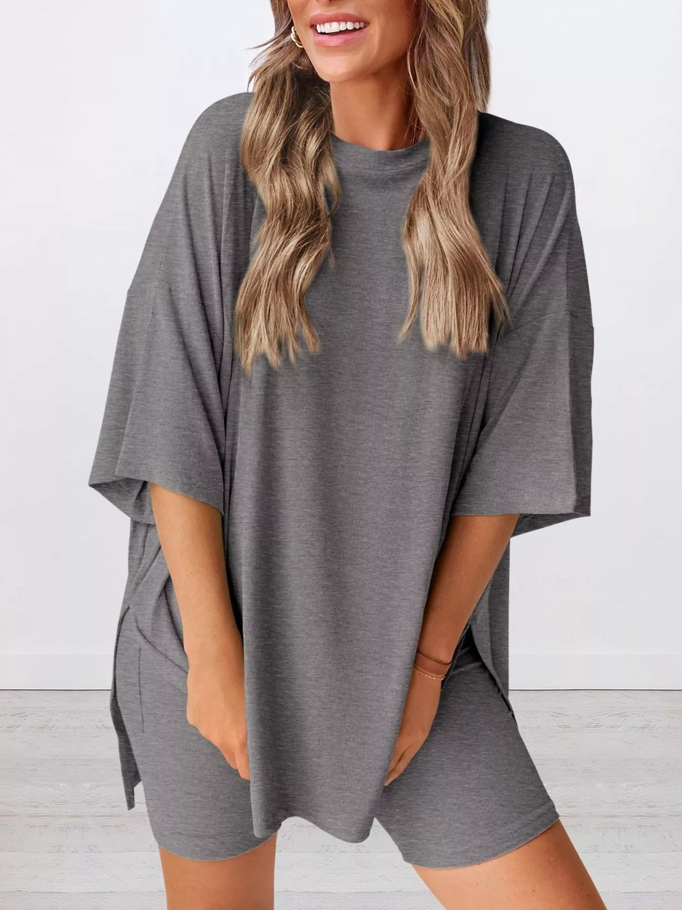 Sarah Express Women's Relaxed Fit Round Neck Top and Shorts Two-Piece Set - Plus Size Loungewear