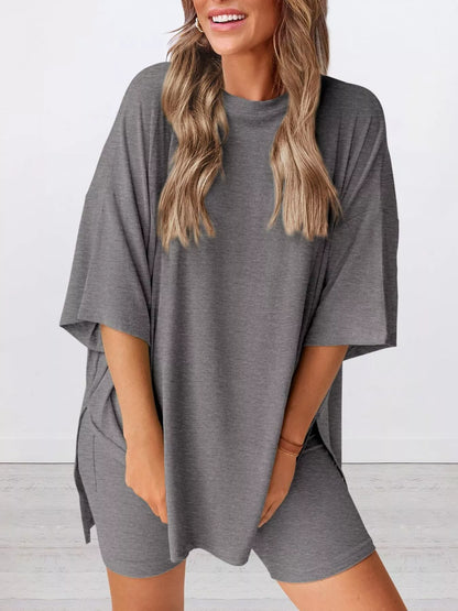 Sarah Express Women's Relaxed Fit Round Neck Top and Shorts Two-Piece Set - Plus Size Loungewear