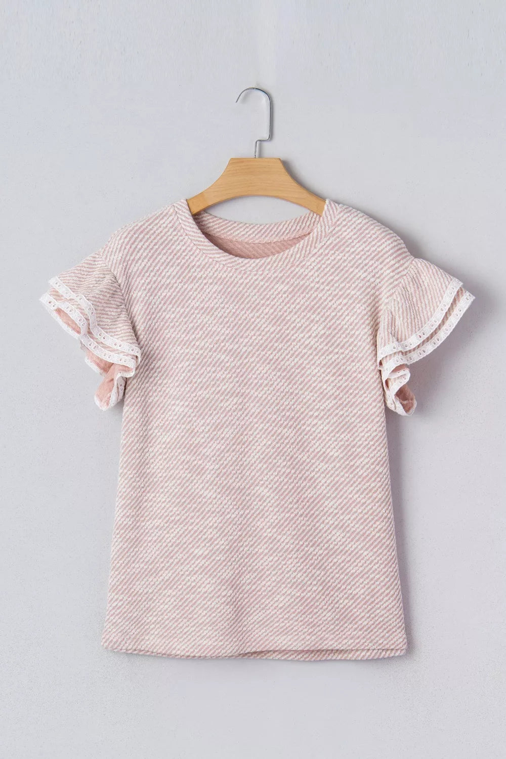 Sarah Express Women's Twilled Print Lace Trim Ruffled Short Sleeve Blouse