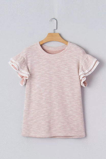 Sarah Express Women's Twilled Print Lace Trim Ruffled Short Sleeve Blouse