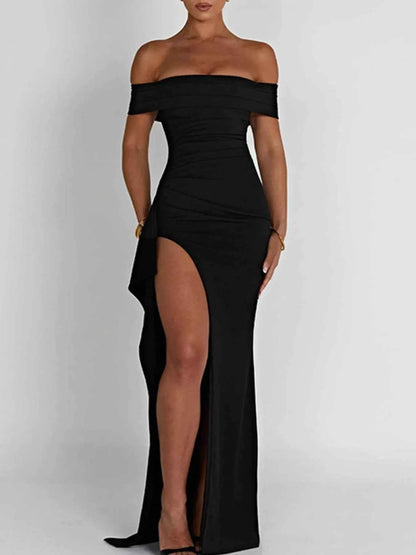 Sarah Express Women's Off-Shoulder High Slit Maxi Dress - Ruched Bodycon Evening Gown