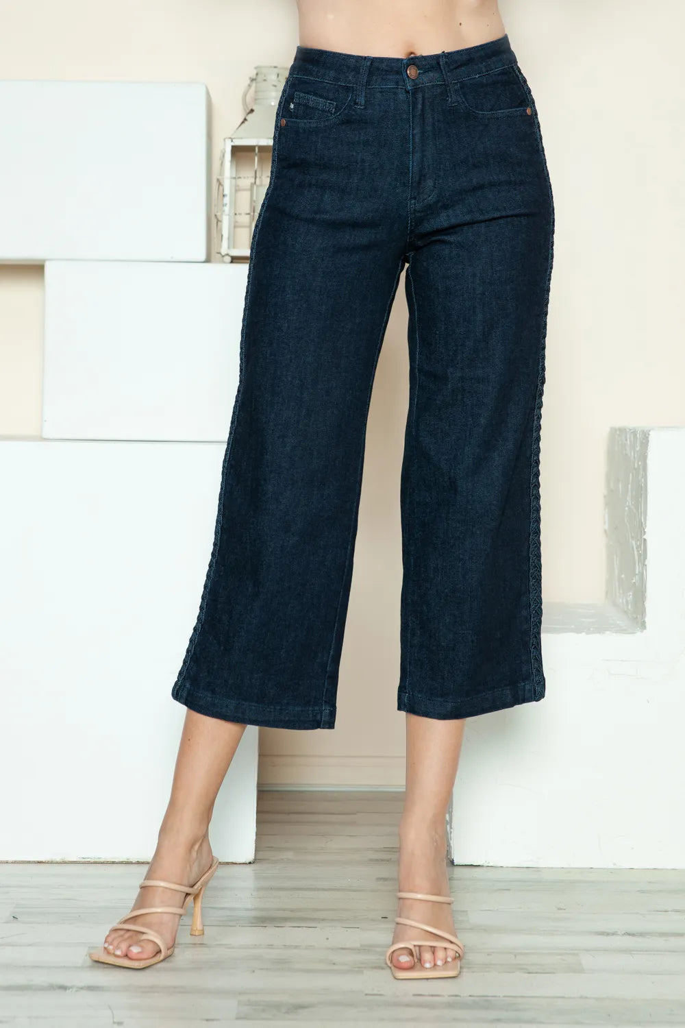 Sarah Express Women’s Plus Size High Rise Crop Wide Leg Jeans with Braid Detail
