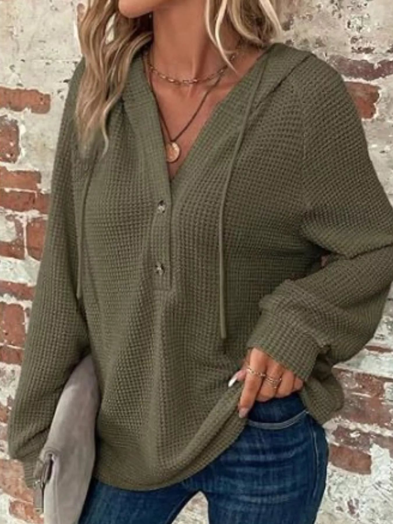 Sarah Express Women's Waffle Knit Button Detail Hoodie Army Green