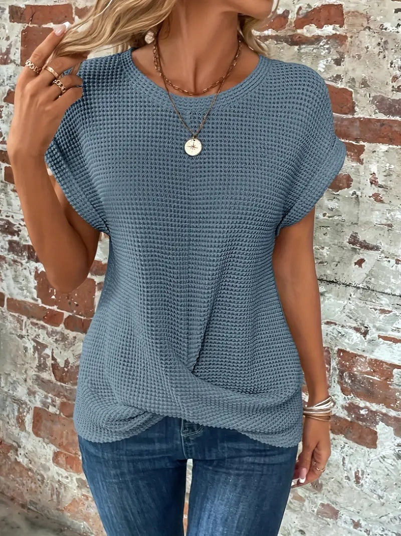 Sarah Express Women's Waffle Texture Crew Neck T-Shirt Short Sleeve Polyester Summer Top