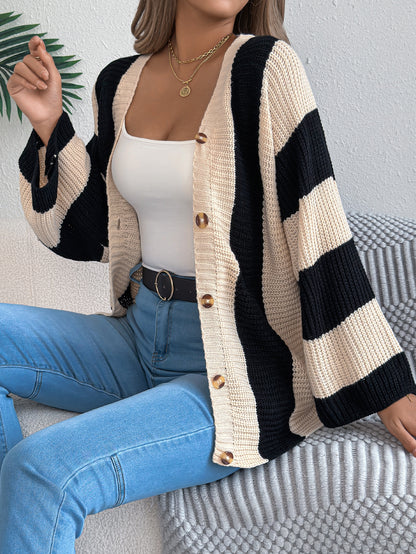 Sarah Express Women's Color Block Stripe Cardigan Sweater with Bell Sleeves - Long Sleeve Knit Coat