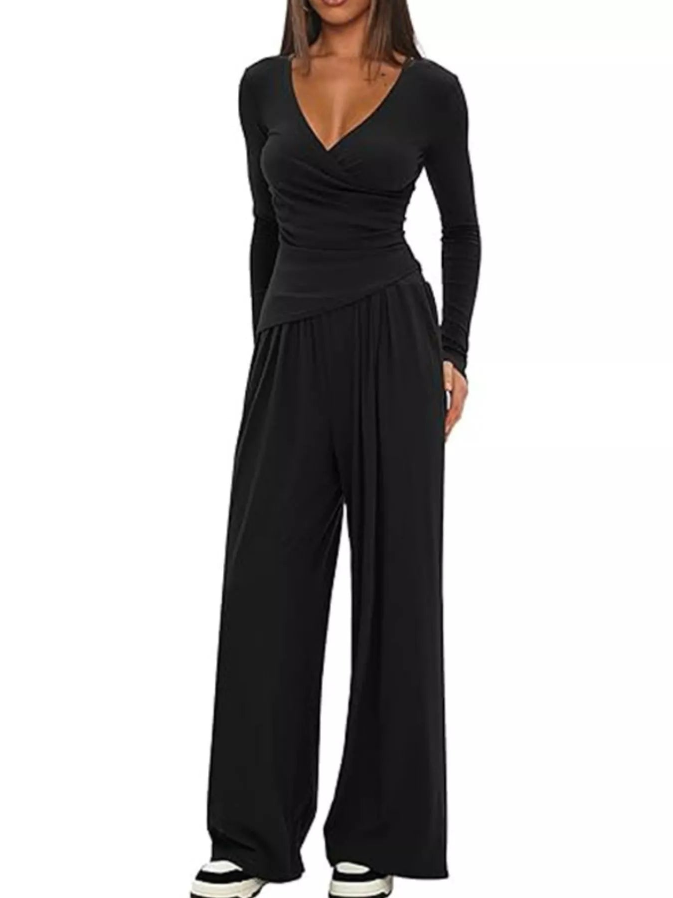 Sarah Express Women's Long Sleeve Top and Wide Leg Pants Set Black