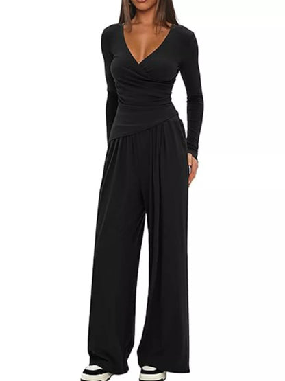 Sarah Express Women's Long Sleeve Top and Wide Leg Pants Set Black
