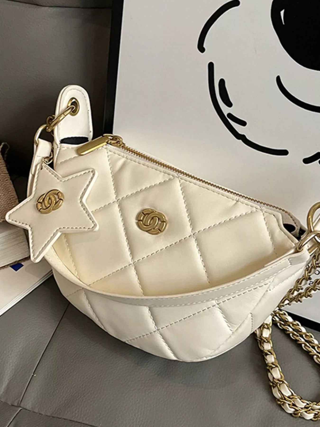 Sarah Express Women's Quilted Chain Crossbody Bag - Mini PU Leather Shoulder Purse Off-white ONESIZE