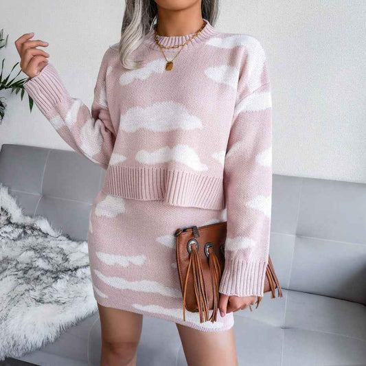 Sarah Express Women's Cloud Pattern Knitted Sweater and Pencil Skirt Set - Two Piece Outfit