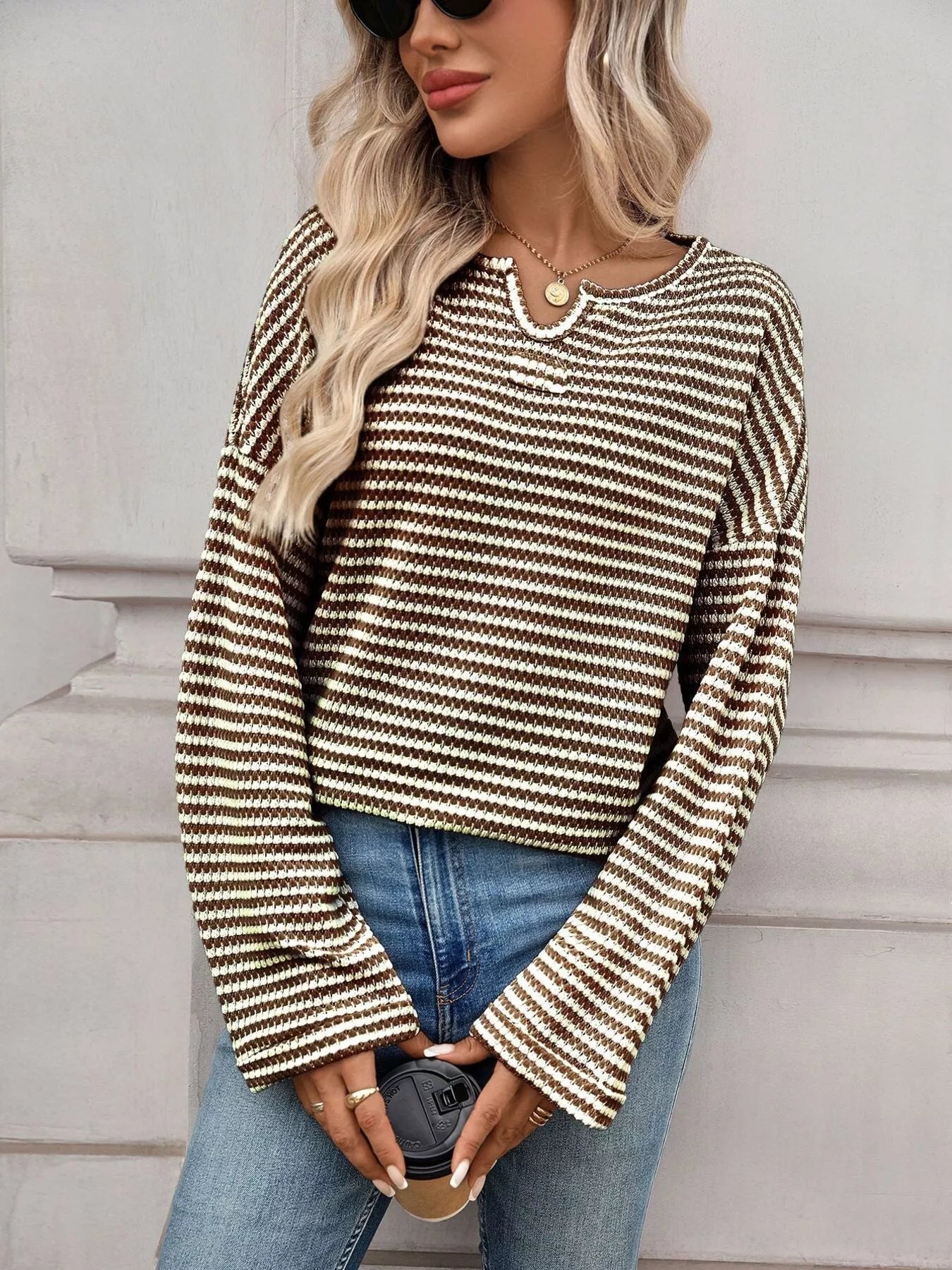 Sarah Express Women's Striped Notched Long Sleeve T-Shirt