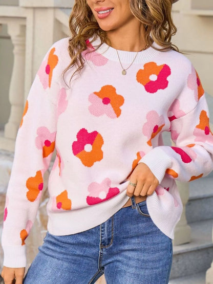 Sarah Express Women's Floral Crew Neck Long Sleeve Sweater