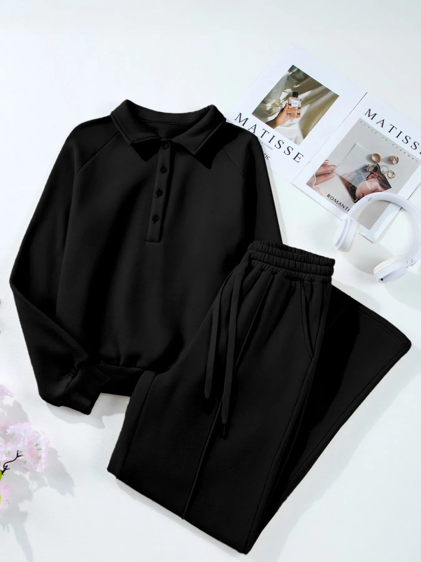 Sarah Express Women's Collared Sweatshirt and High Waist Pants Active Set