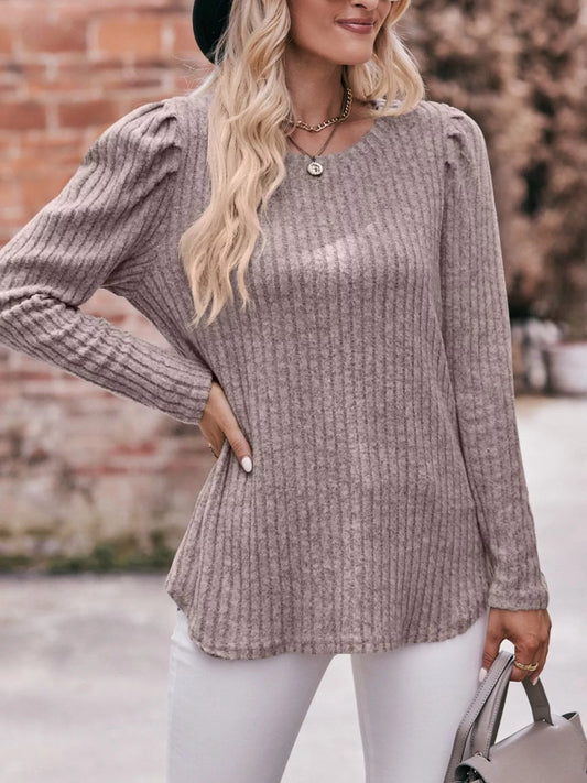 Sarah Express Women's Ribbed Knit Puff Sleeve T-Shirt Mocha