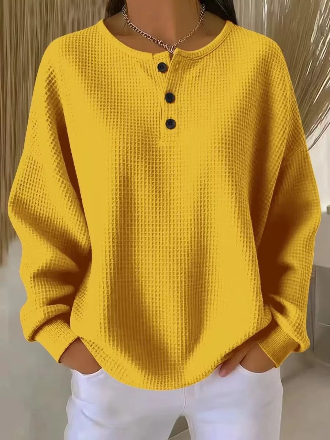 Sarah Express Women's Waffle Knit Button Detail Top - Plus Size Long Sleeve Casual Shirt Yellow