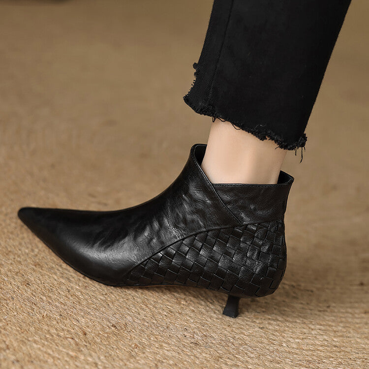 Sarah Express Women's Woven Full-Grain Sheepskin Ankle Boots | Pointed Toe Side Zipper Low Heel Black Single
