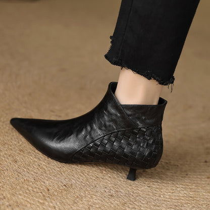 Sarah Express Women's Woven Full-Grain Sheepskin Ankle Boots | Pointed Toe Side Zipper Low Heel Black Single
