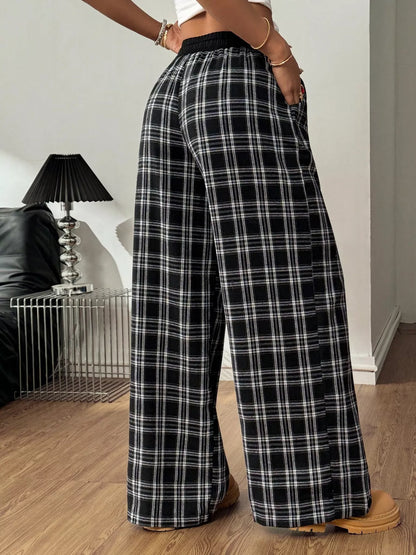 Sarah Express Women's Plaid Wide-Leg Pants with Elastic Waistband