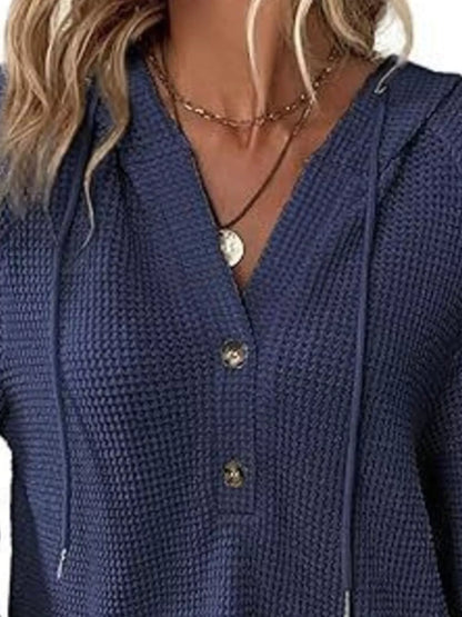 Sarah Express Women's Button Detail Waffle Knit Hoodie - Plus Size Drawstring Pullover with Pockets