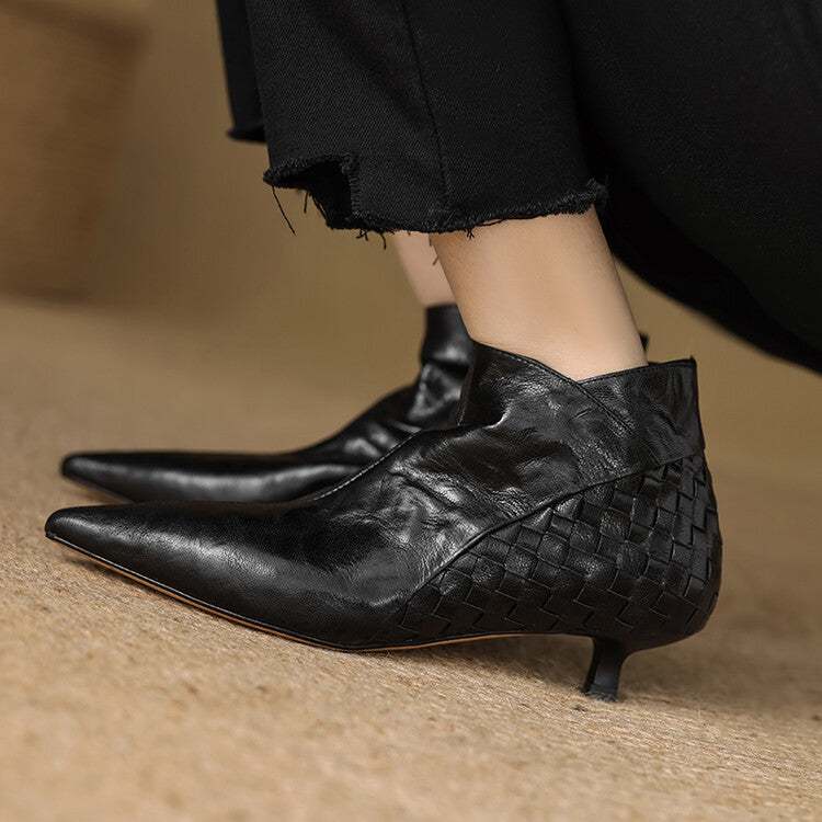 Sarah Express Women's Woven Full-Grain Sheepskin Ankle Boots | Pointed Toe Side Zipper Low Heel