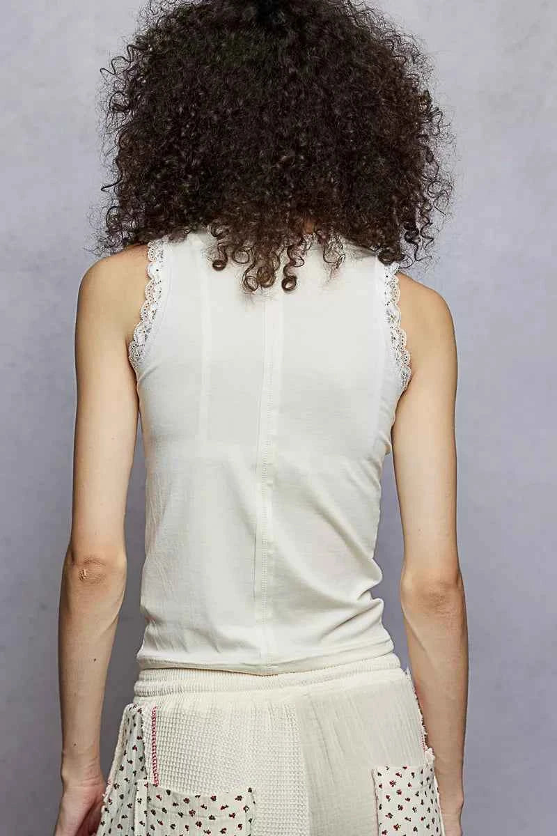 Sarah Express Women's Cropped Tank Top with Lace Trim - Round Neck Sleeveless Fitted Cami