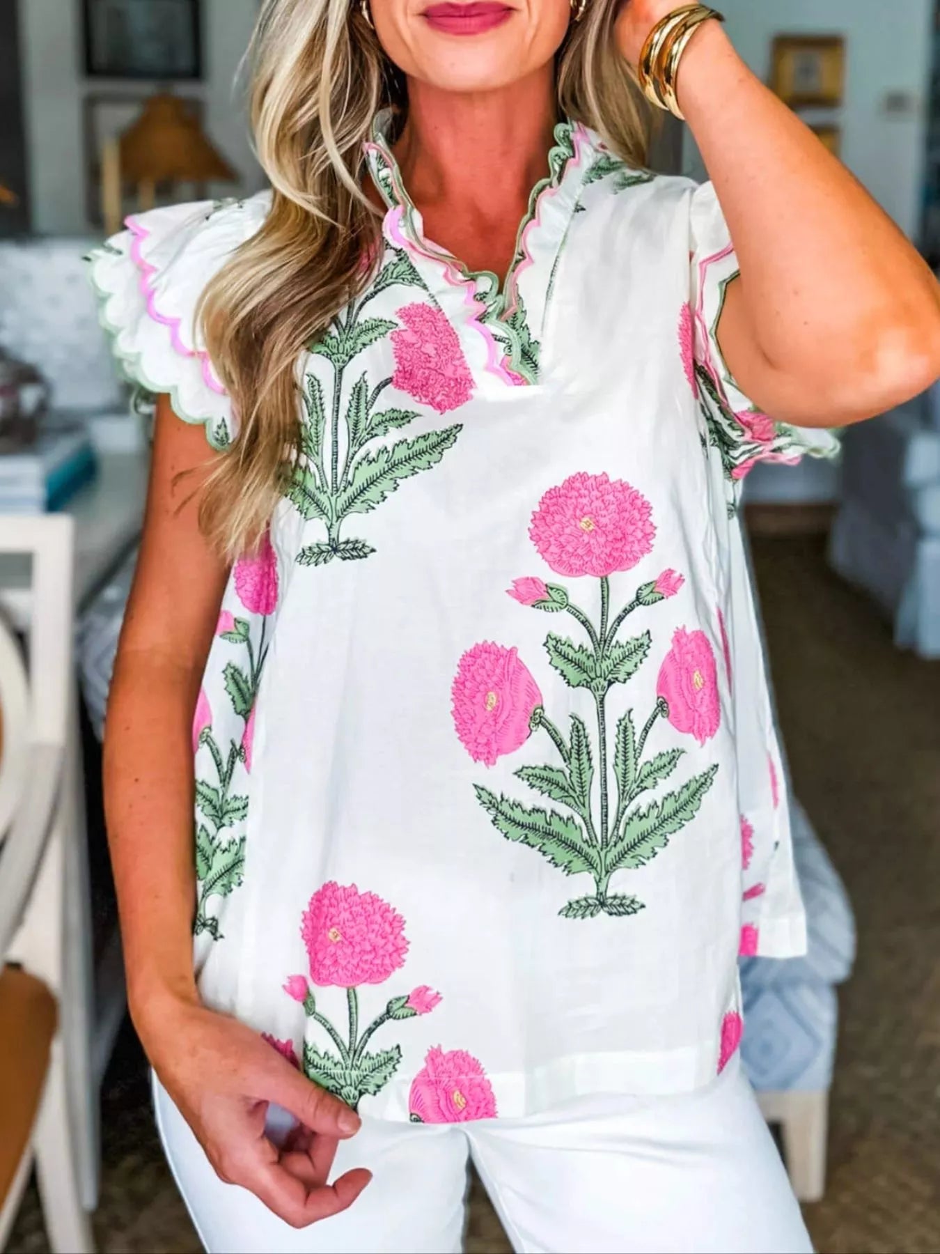 Sarah Express Women's Floral Print Ruffle Trim Blouse - Short Sleeve Summer Top