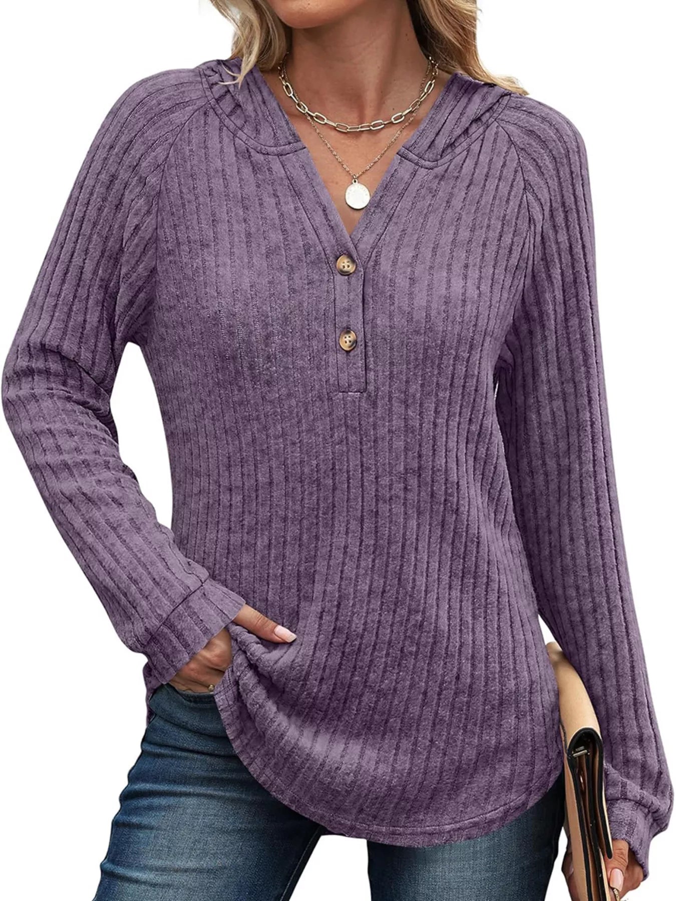 Sarah Express Women's Ribbed Knit Button Detail Hooded Top Purple