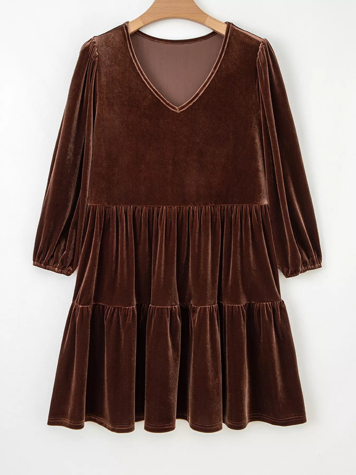 Sarah Express Women's Velvet V Neck Long Sleeve Tiered Mini Dress - Solid Color