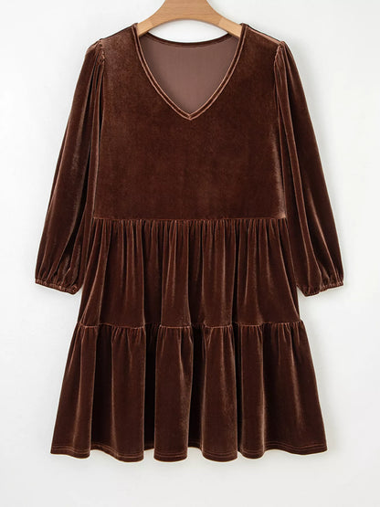 Sarah Express Women's Velvet V Neck Long Sleeve Tiered Mini Dress - Solid Color