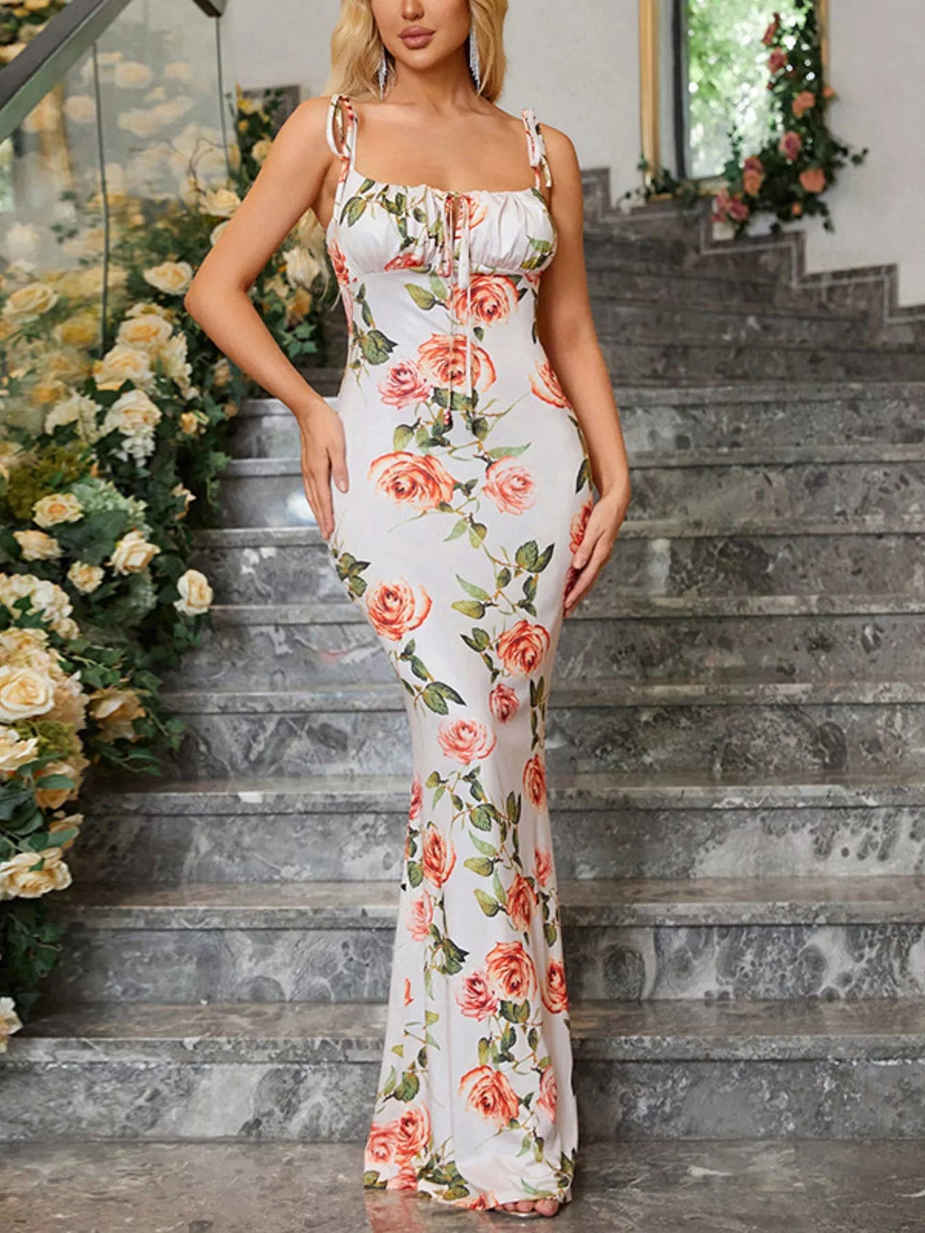 Sarah Express Women's Floral Print Tie Strap Bodycon Maxi Dress Big Rose