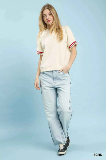 Sarah Express Women's Puff Sleeve Button Front Knit Top with Contrast Trim