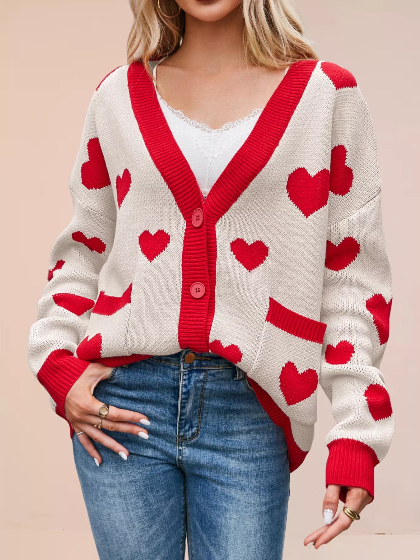 Sarah Express Women's Heart Pattern Button-Up Knit Cardigan